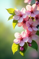 Obraz premium Pastel pink blossoms on a tree, vibrant green leaves, soft sunlight , natural, romantic