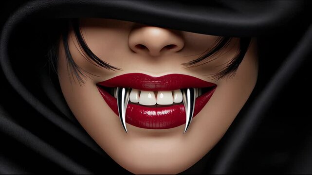 A beautiful female monster with vampire-like metal fangs, wearing a black hood, smiles predatorily. Gothic aesthetics: black hood, red lips, and steel fangs.