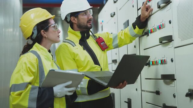 Technical Inspection of Cooling Condenser Civil engineer and technician in safety gear collaboratively examining an industrial condenser unit on the factory floor