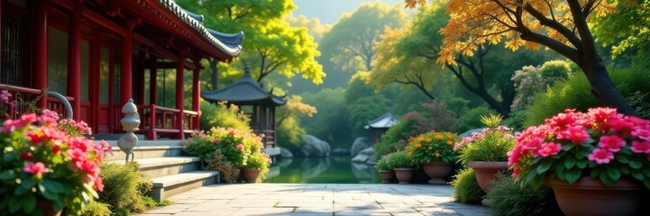 Potted blooms & trees in vibrant Asian pagoda garden , buddhist temple, trees, spring