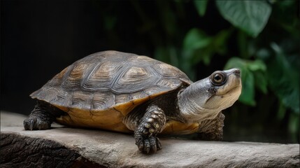 Obraz premium Close-Up of a Turtle Resting on a Log Surrounded by Greenery