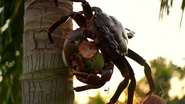 Crab on palm tree eating coconut