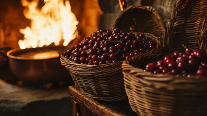 France Homemade Jam Making Process with Fresh Farm Fruits in Rustic Kitchen Setting for Culinary Blogs, Food Education, Eco Awareness and Seasonal Design Projects, busket with berries, busket with ber