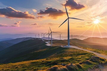 Wind turbine farm at sunrise, clean energy concept, scenic landscape.