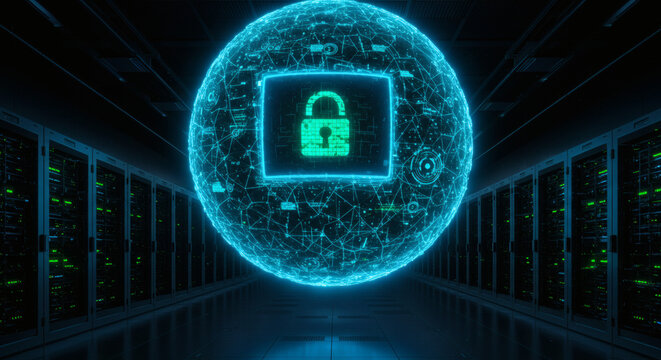 Secure data protection and network safety symbolized by a glowing padlock in a high-tech server room environment