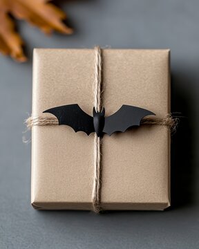 Neutral toned present with blank tag and bat decor minimalist aesthetic for autumn or Halloween. Gift parcel monochrome palette vacant label chiropteran ornament sparse seasonal fall