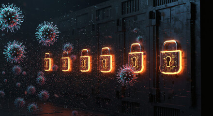 Digital defense concept showing glowing padlocks on servers protecting critical information from a swarm of virus particles