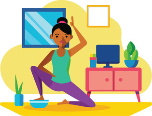 Woman doing yoga exercise at home on a mat with a computer and decorations isolated on white background
