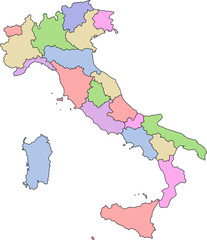 A colorful political map of Italy showing the boundaries of all 20 regions. Ideal for educational, travel, and data visualization projects