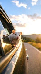 A white hamster peers out a car window during a sunset road trip