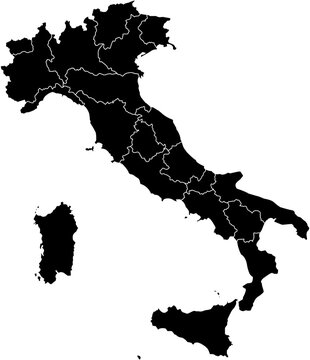  A sleek, black political map of Italy with clearly defined regional borders. Perfect for high-impact professional, educational, and data visualization projects.