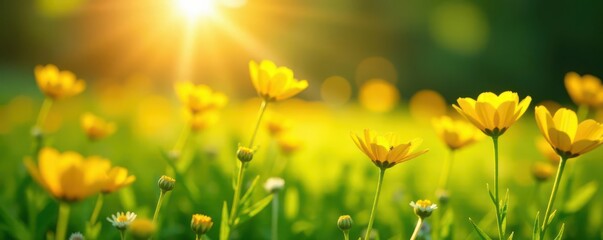 Obraz premium Sunlit meadow, vibrant yellow buttercups, sun rays gleam, botanical, background, green