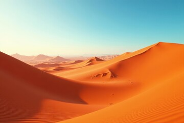 Towering orange sand dunes under a vast, clear sky , scenic, hot