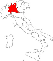 Map of Italy highlighting the Lombardy region. Ideal for projects on its financial hub of Milan, beautiful lakes, and industrial strength