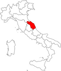 Map of Italy highlighting the Marche region. Ideal for projects on its rolling hills, Adriatic coastline, and beautiful historic towns.