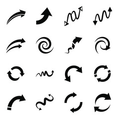 Collection of sixteen black arrow icons on a white background symbol