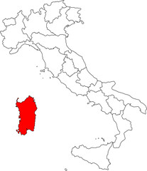 Map of Italy highlighting the island of Sardinia. Perfect for projects on its stunning beaches, ancient Nuragic sites, and rugged, wild landscapes.