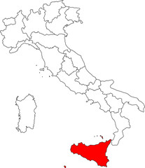 Map of Italy highlighting the island of Sicily. Perfect for projects on its ancient history, unique culture, vibrant cities, and volcanic landscape.