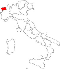 Map of Italy highlighting the autonomous Aosta Valley region. Perfect for projects on the Alps, Mont Blanc, hiking, and its unique bilingual culture.