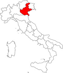 Map of Italy highlighting the Veneto region. Perfect for projects on Venice, its historic canals, the Dolomites, and the renowned Prosecco wine regio