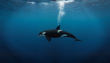 Obraz premium Orca whale diving deep in open ocean, marine beauty exploration