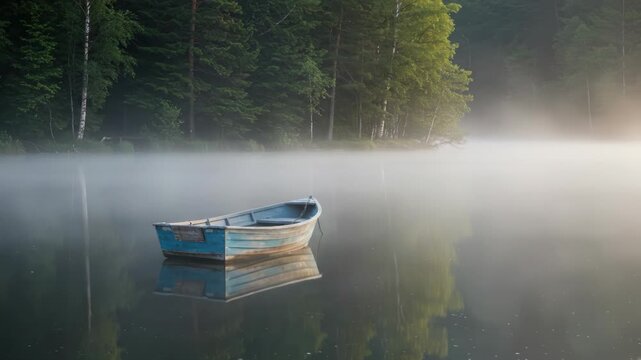 A small, weathered rowboat floats serene upon a still lake. Dense fog blankets the water, partially obscuring a verdant treeline along the shore