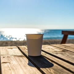 A white paper cup sits on a wooden picnic table overlooking a sunlit ocean