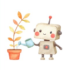 Naklejka premium Cute Robot Watering Plant