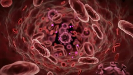 bloodstream highways, revealing HIV attacking T-cells, glowing red spots engulfed in swarming viral particles