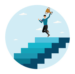 Small steps to success concept. Businessman leaping upwards  small step stair to reach trophy reward