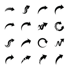 Obraz premium Sixteen black arrow icons with dynamic curves and loops on white collection symbol