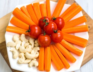 A white plate holds carrot sticks, cherry tomatoes, and cashews arranged artfully