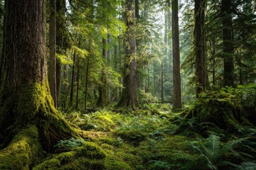 Lush forest floor bathed in sunlight