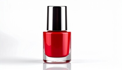 Red nail polish bottle with silver cap on white background.