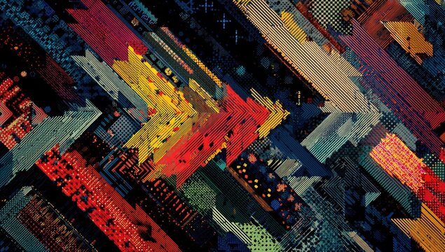 Abstract digital art collage of overlapping geometric shapes and patterns in vibrant colors