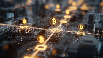 Abstract cityscape of interconnected circuits with glowing bitcoin symbols