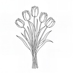 A 2D black and white line drawing of a minimalist bouquet of tulips.