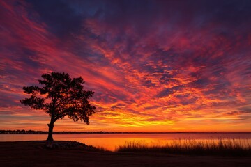 Fototapeta premium Sunrise over a tranquil river, silhouetted tree