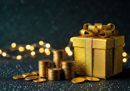Golden gift box and stacked coins with blurred festive bokeh lights symbolizing wealth and celebration