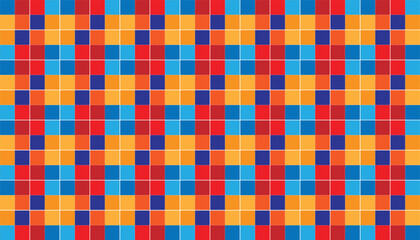 A geometric checkered design featuring a vibrant combination of red, blue, orange, and yellow. The arrangement resembles the texture of modern tartan or a digital checkered mosaic