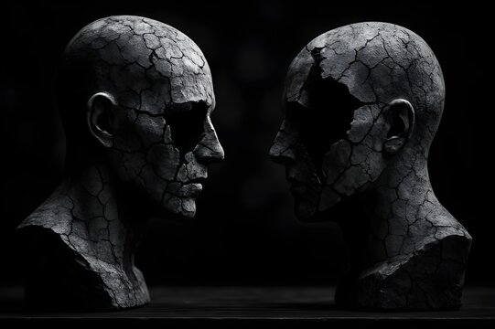 Two shattered heads facing each other, symbolizing communication breakdown, conflict, and mental health issues.