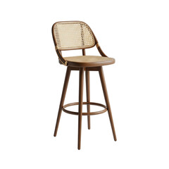 Elegant wooden bar stool with a woven cane backrest. PNG transparent