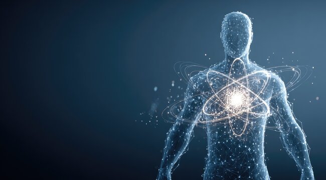 Abstract representation of a human form, with atomic structure detail