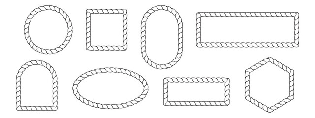 Collection of Rope Border Shapes in Circle, Oval, Rectangle, Hexagon, and More. Vector