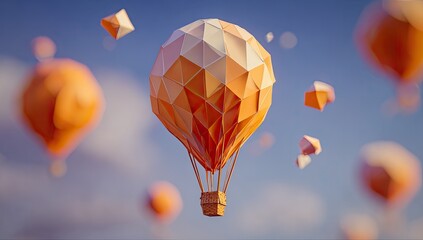 Abstract hot air balloon design with geometric shapes and a soft sunset sky background