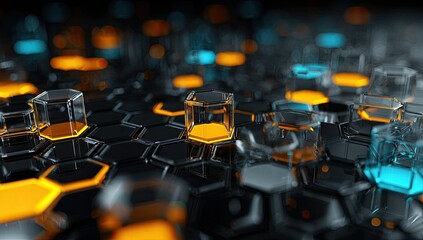 Fototapeta premium Abstract hexagonal grid with glowing cubes