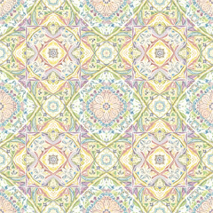 Seamless Pattern, Ornate pastel tile pattern with floral and geometric designs in soft hues Stock royalty free  image.