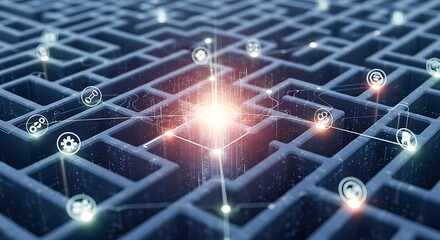 Digital Maze Network with Glowing Connections and Data Nodes.