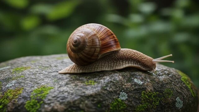 A snail with a patterned shell crawls across a mossy rock