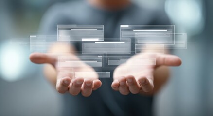 A person's hands hold a collection of translucent rectangular shapes in mid-air